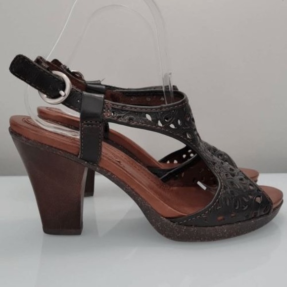 Naya Sandals Heel Pumps Size 7.5 Alpine Slingback Black Leather Tooled Laser Cut - Picture 1 of 11